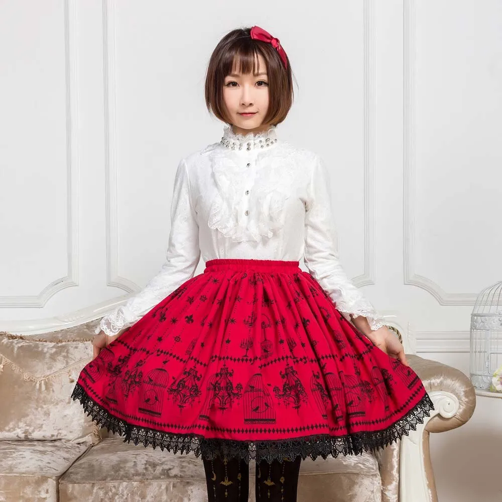 Sweet Mori Girl Deep Red Bird Cage Printed Short Skirt for Summer