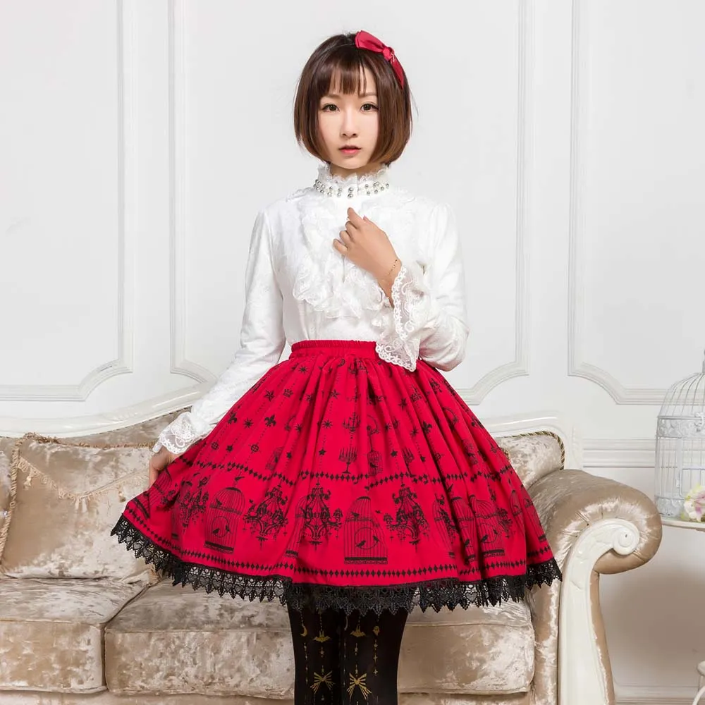 Sweet Mori Girl Deep Red Bird Cage Printed Short Skirt for Summer