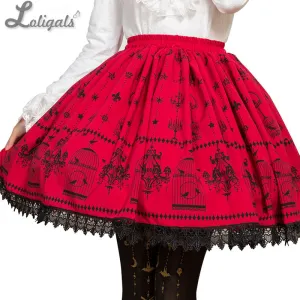 Sweet Mori Girl Deep Red Bird Cage Printed Short Skirt for Summer