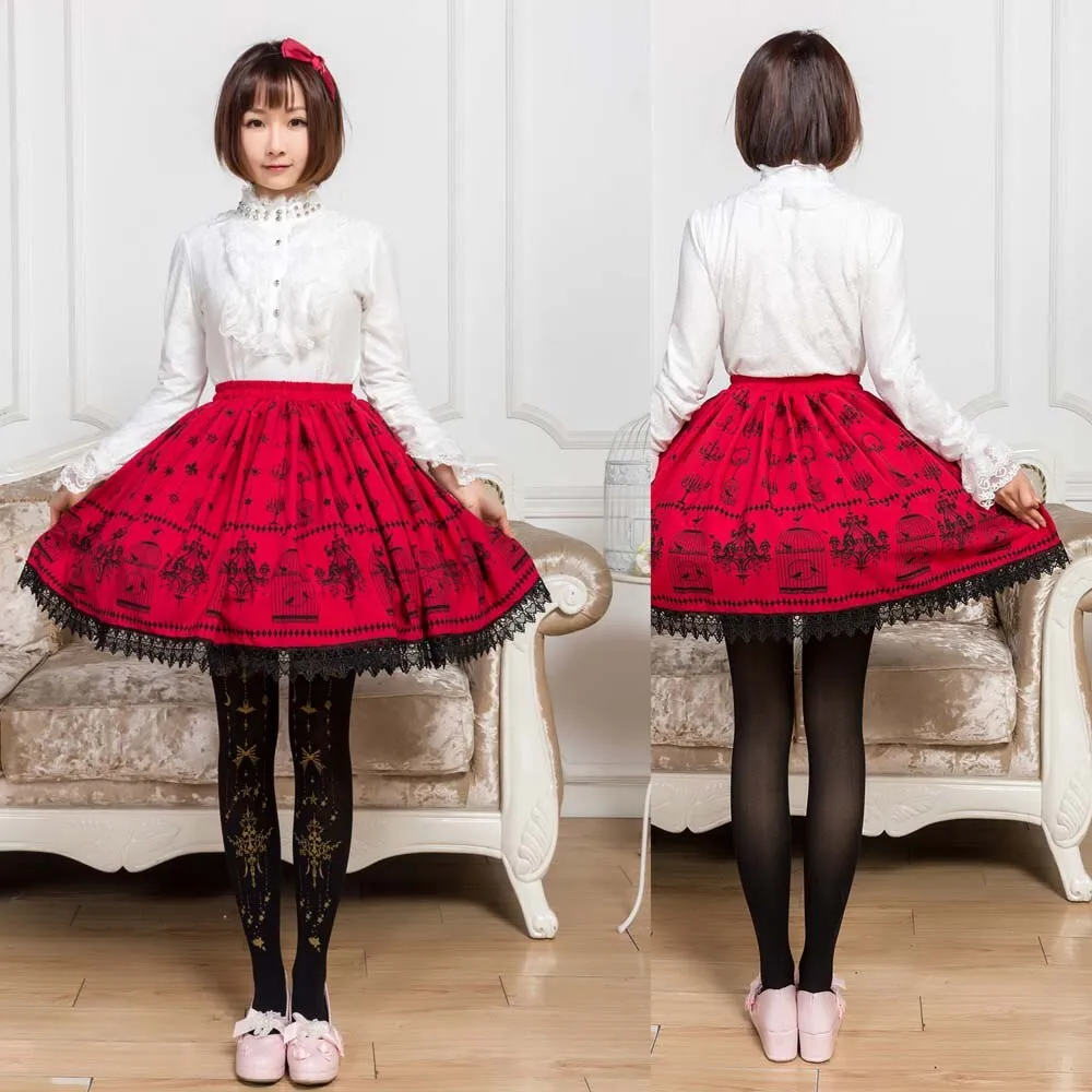 Sweet Mori Girl Deep Red Bird Cage Printed Short Skirt for Summer