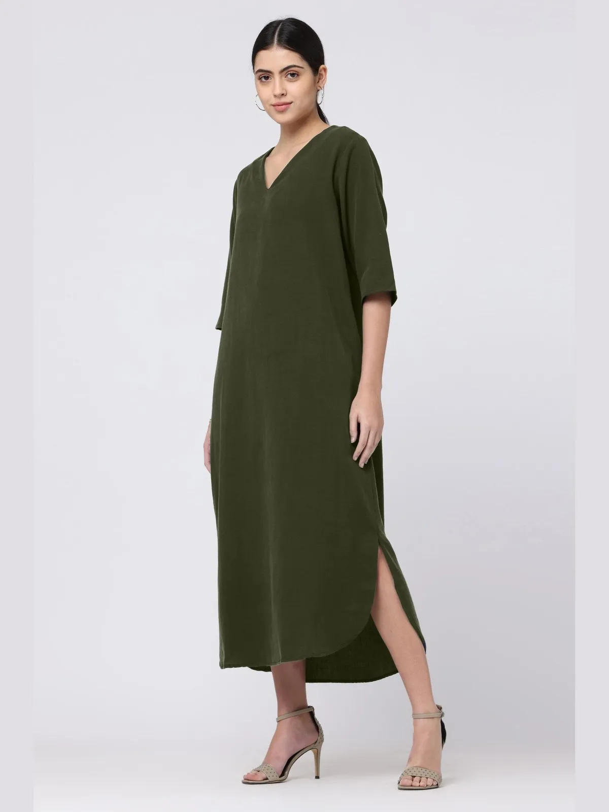 Tencel Solid V-Neck Maxi Dress