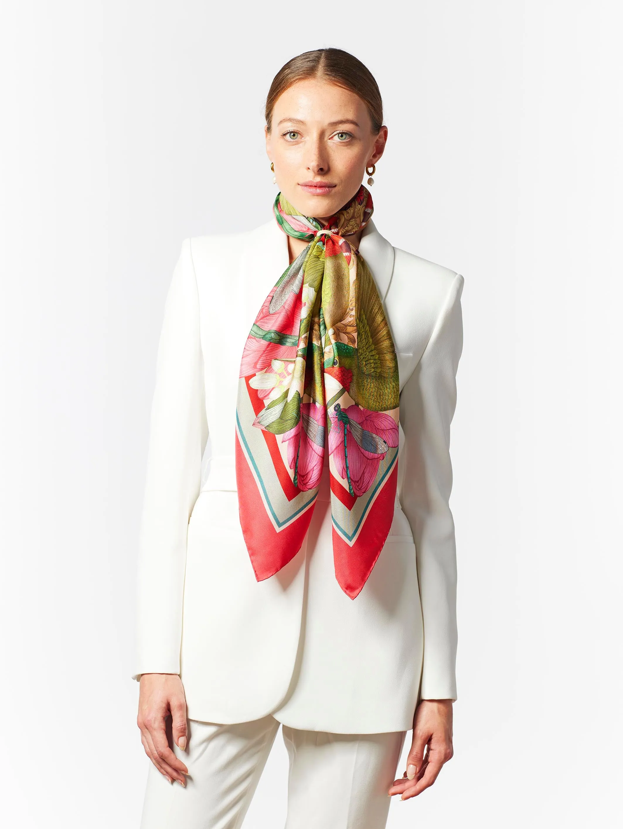 The Hummingbird & Lotus Silk Scarf | 130x130cm [Preorder]