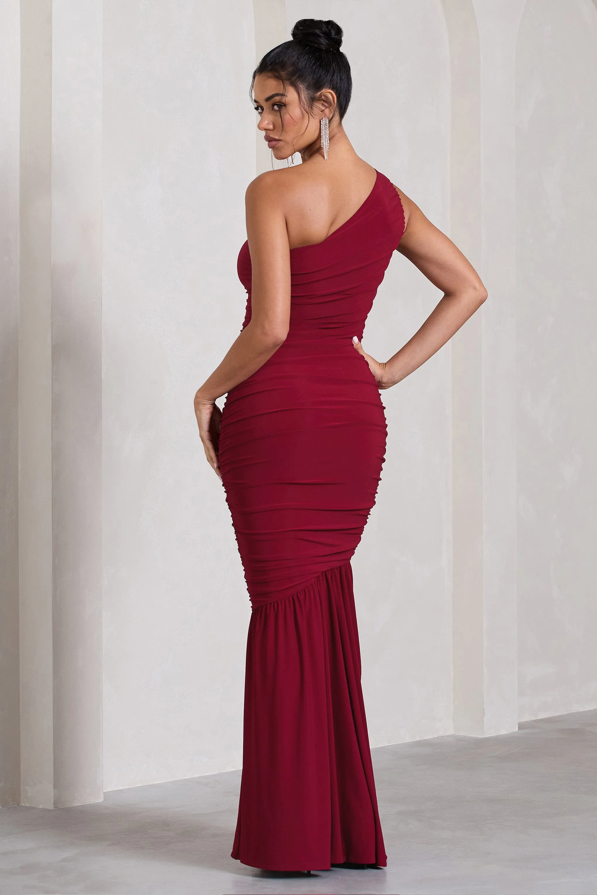 The Limelight | Berry One Shoulder Ruched Fishtail Maxi Dress