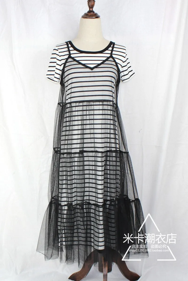 Toyland- the Sheer Tiered Sleeveless 90s Style Mesh Dress Black or White