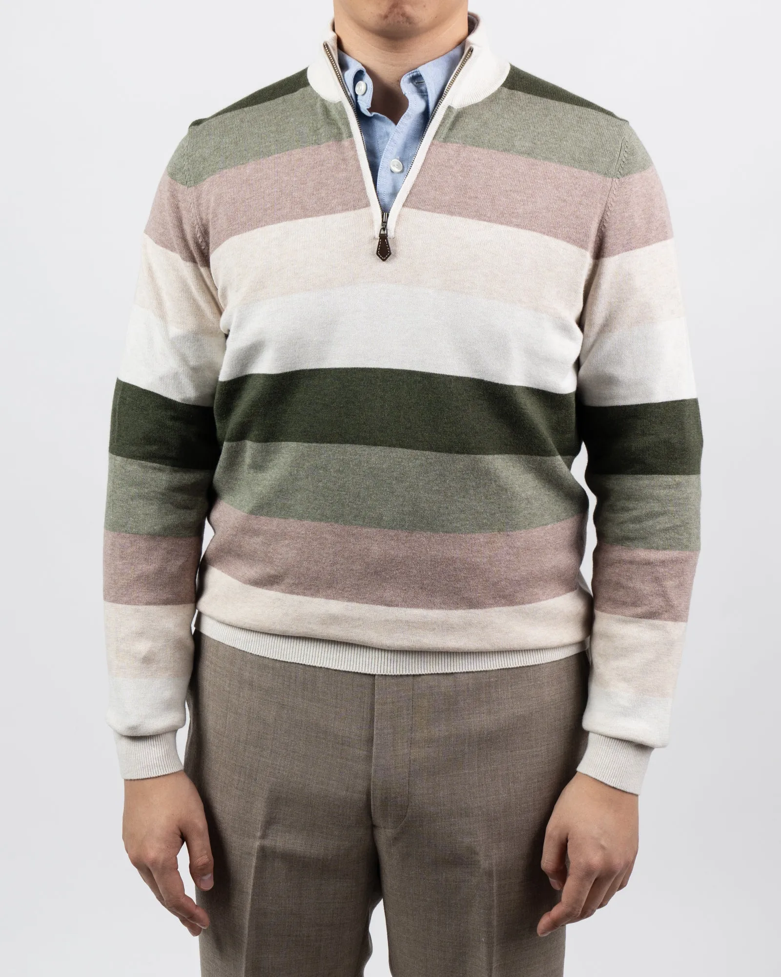 Trowbridge Earthtone Stripe 1/4 Zip Cotton/Cashmere Sweater