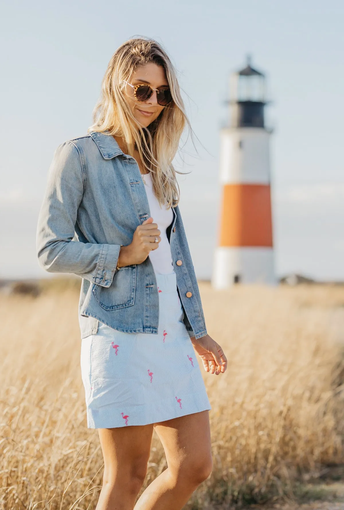 Turquoise Ladies Seersucker Skirt with Pink Embroidered Flamingos