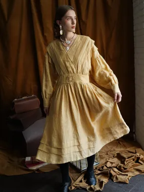 Unlogical Poem Victorian style V-neck Pleated High waist Yellow Dress