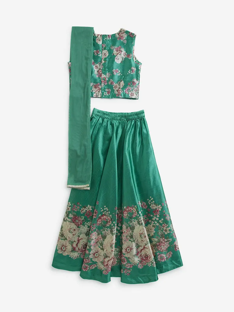 Utsa Kids Jade Green Floral Printed Ghagra, Choli with Dupatta Set - (8 -14yrs)