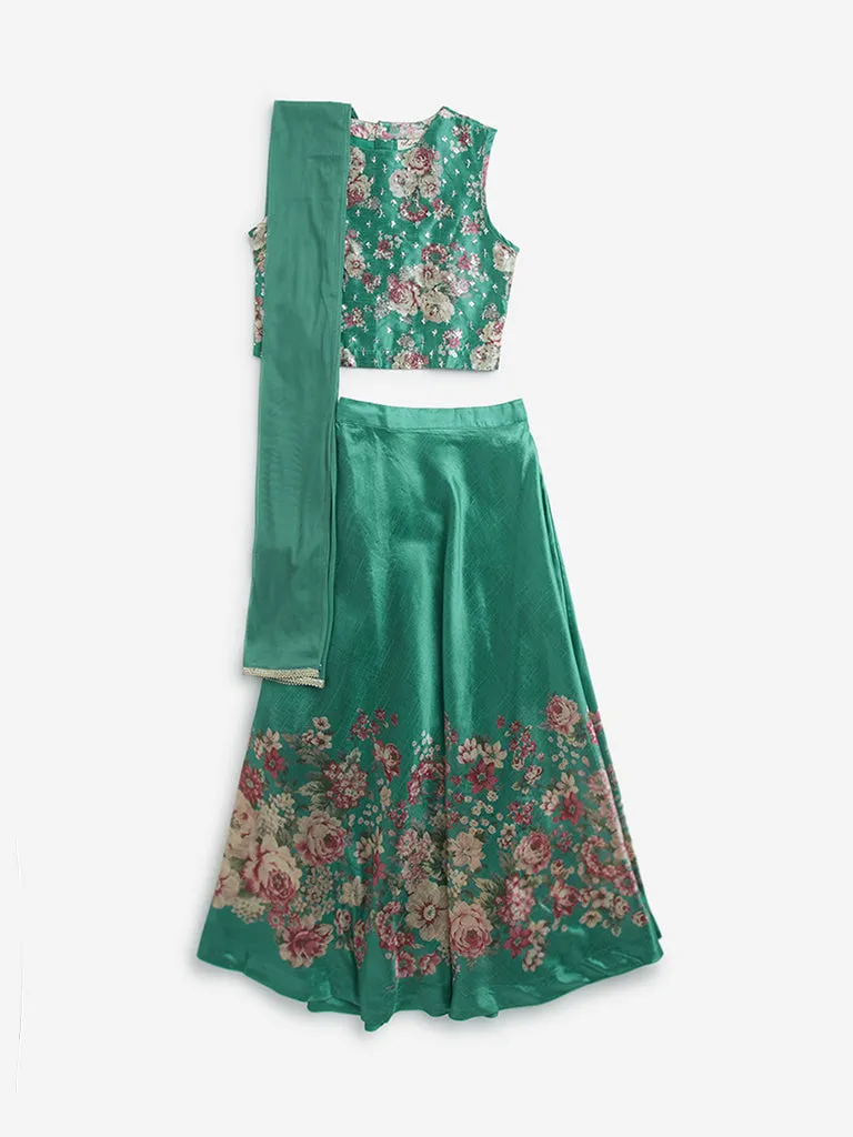 Utsa Kids Jade Green Floral Printed Ghagra, Choli with Dupatta Set - (8 -14yrs)