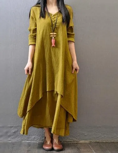 V Neck Retro Linen-Cotton Dress