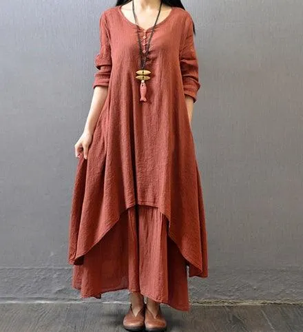 V Neck Retro Linen-Cotton Dress