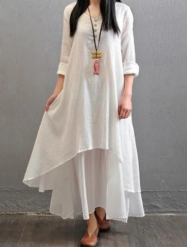 V Neck Retro Linen-Cotton Dress