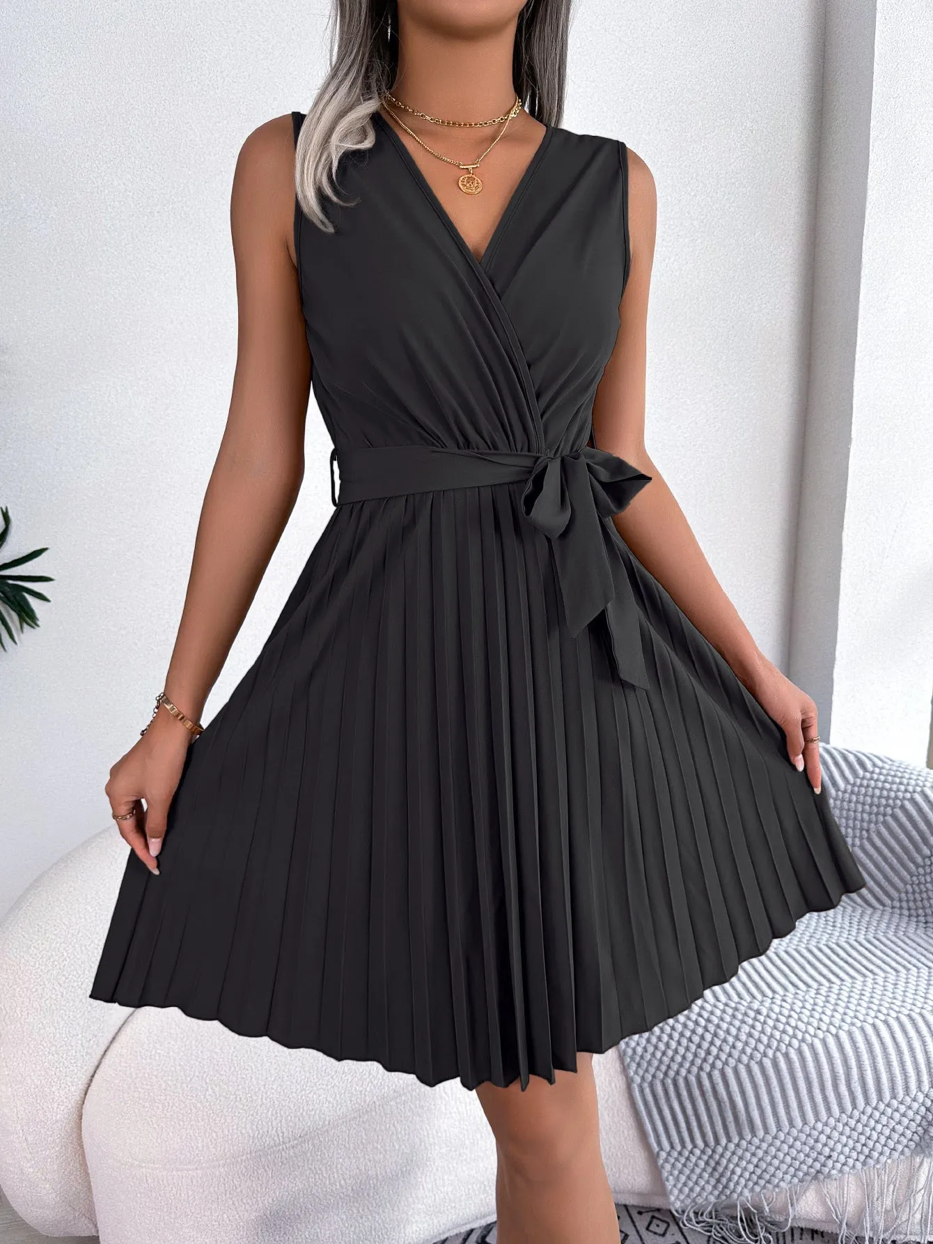 V-Neck Sleeveless Waist Gathered Pleated Dress