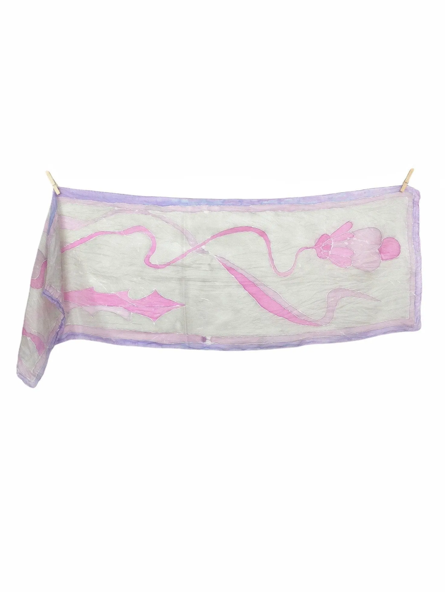 Vintage 70s Silk Handpainted Psychedelic Abstract Pastel Pink & Purple Long Wide Neck Tie Scarf