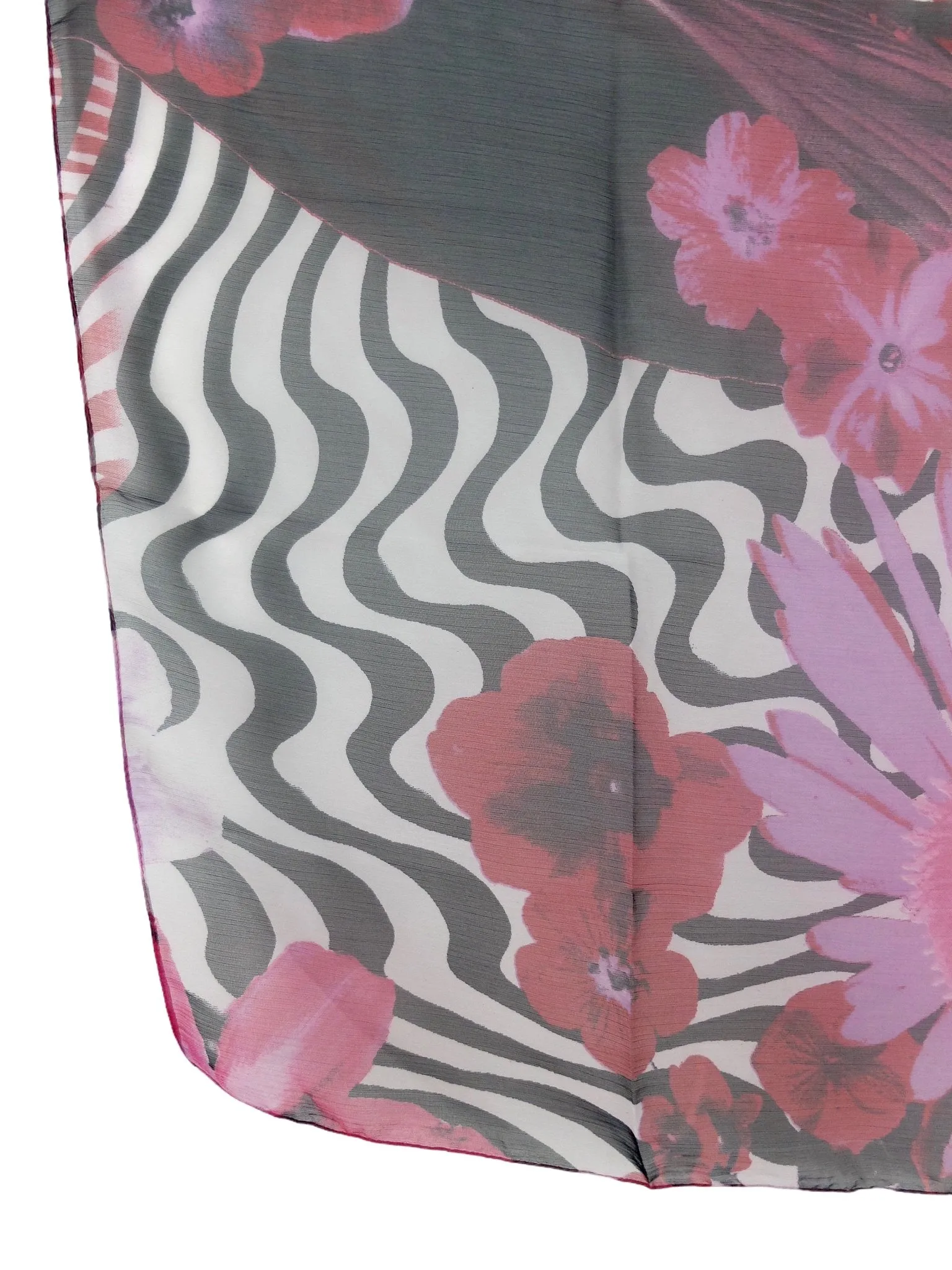 Vintage 90s Y2K Psychedelic Abstract Floral Pink & Black Sheer Long Wide Chiffon Neck Tie Scarf