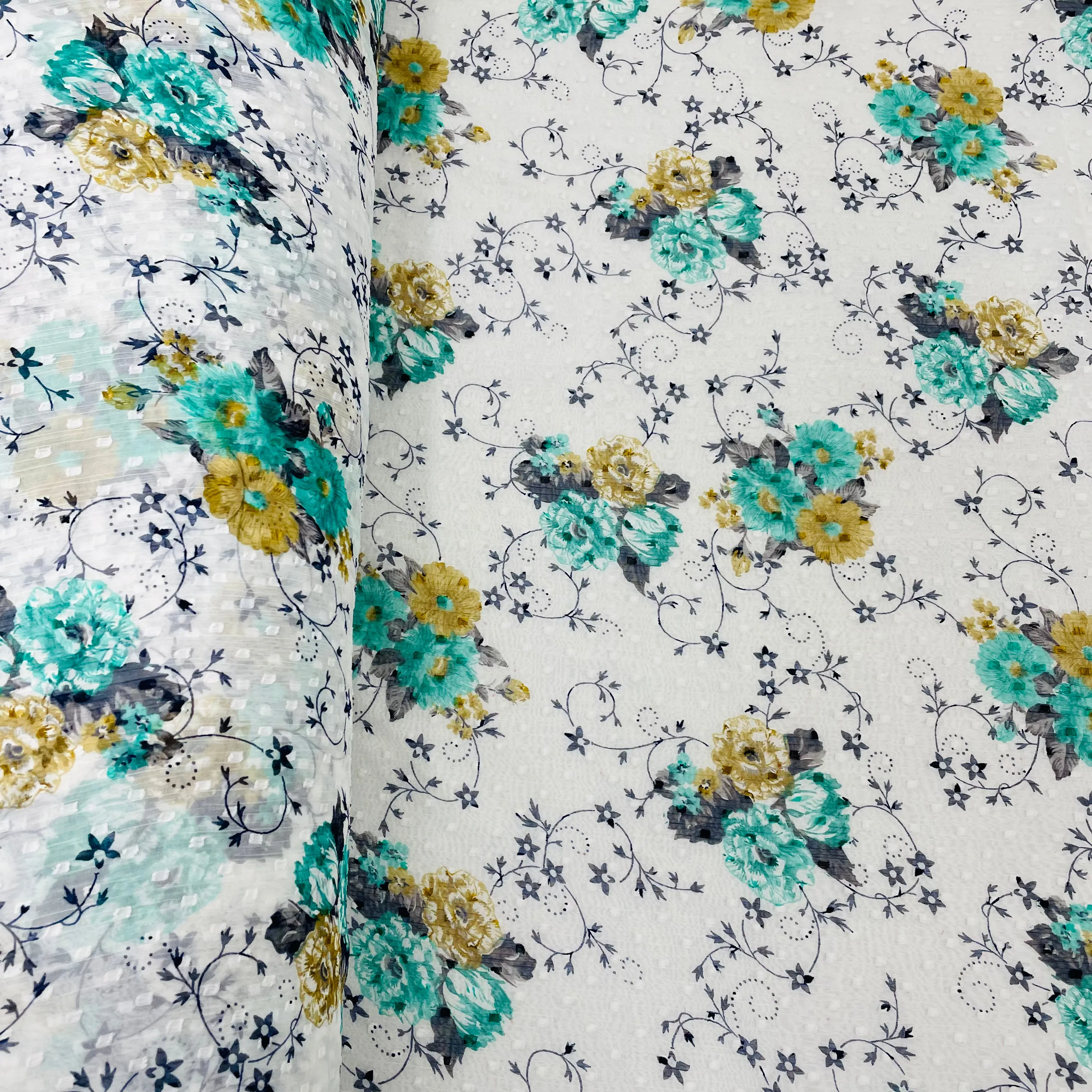 White With Green Floral Chiffon Dobby Fabric