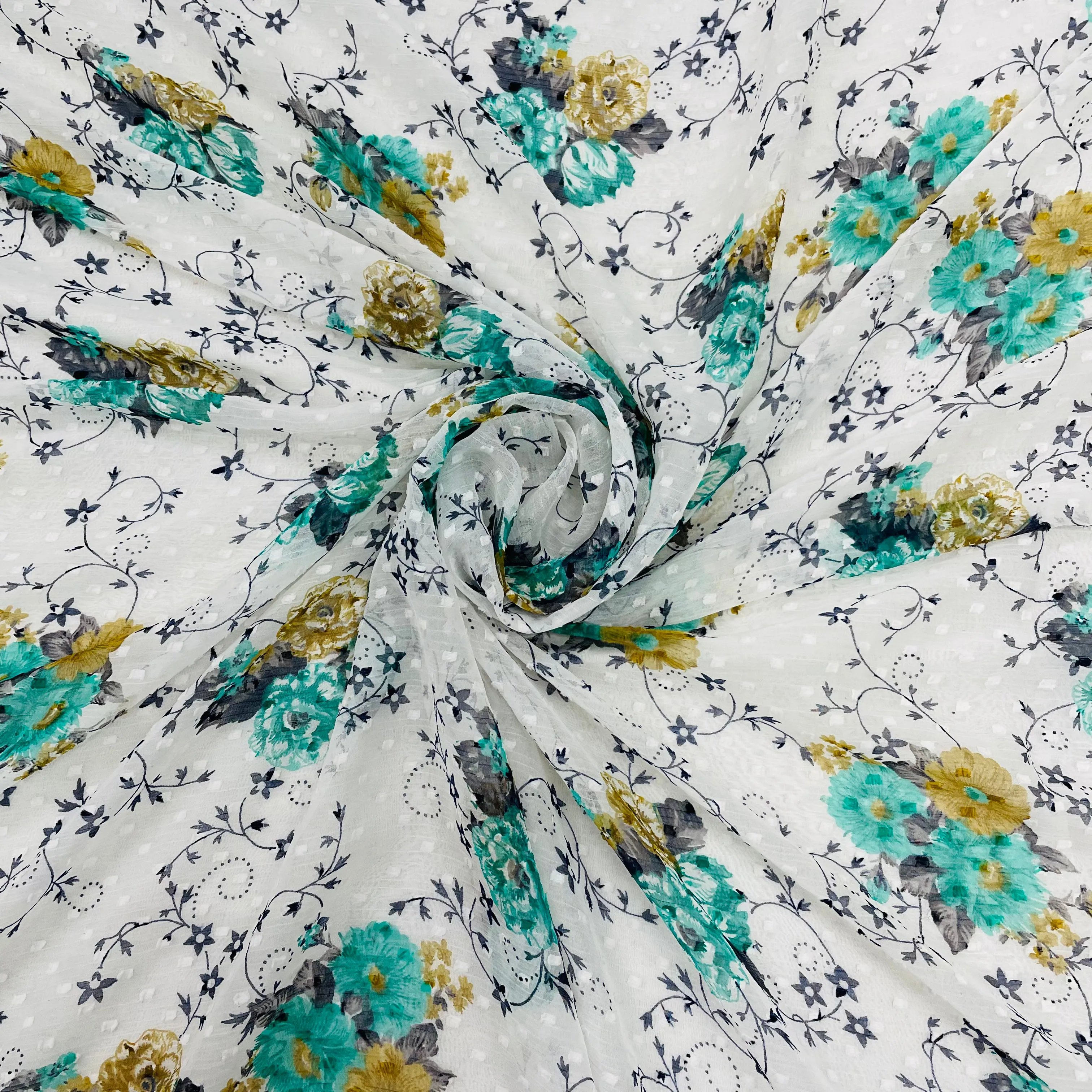 White With Green Floral Chiffon Dobby Fabric