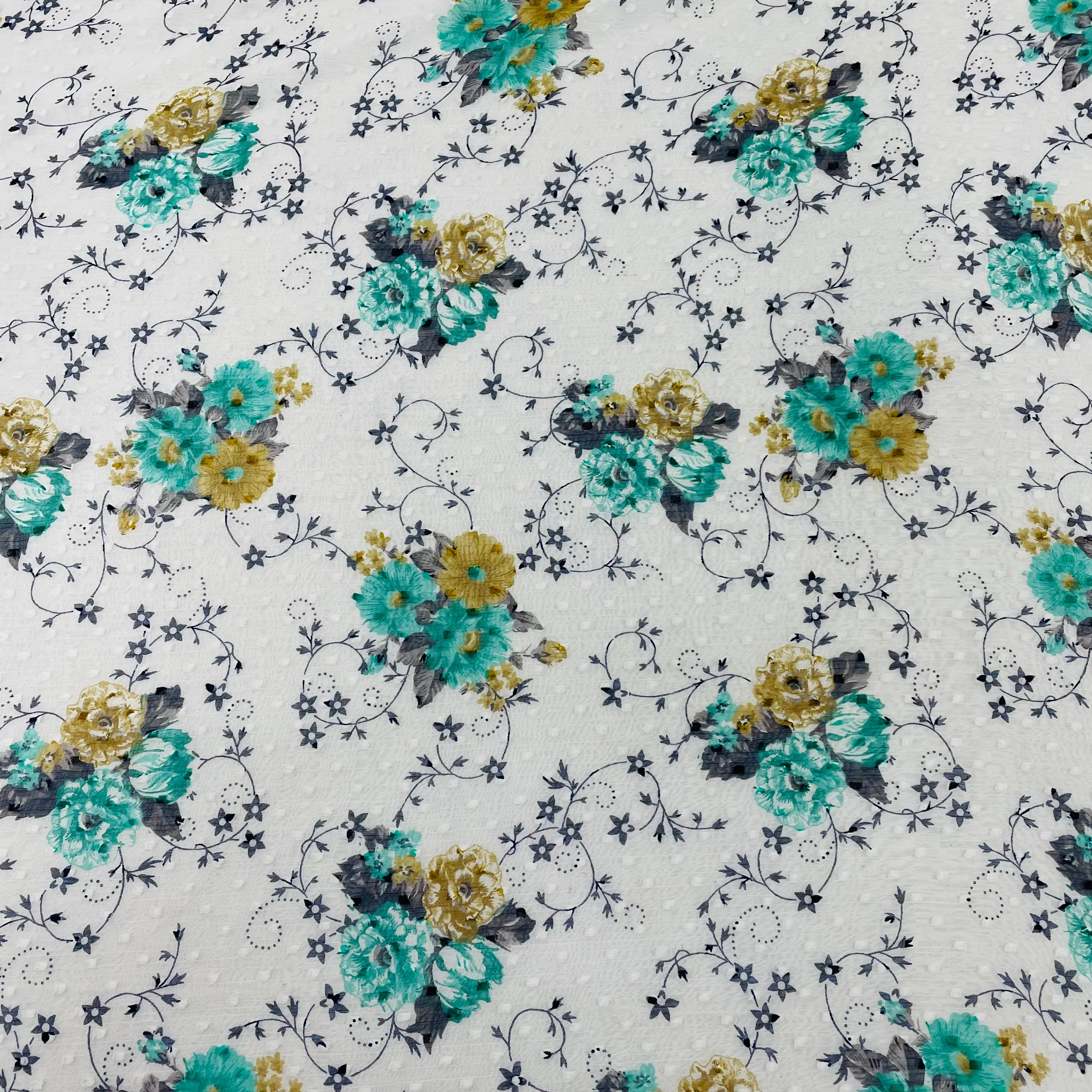 White With Green Floral Chiffon Dobby Fabric