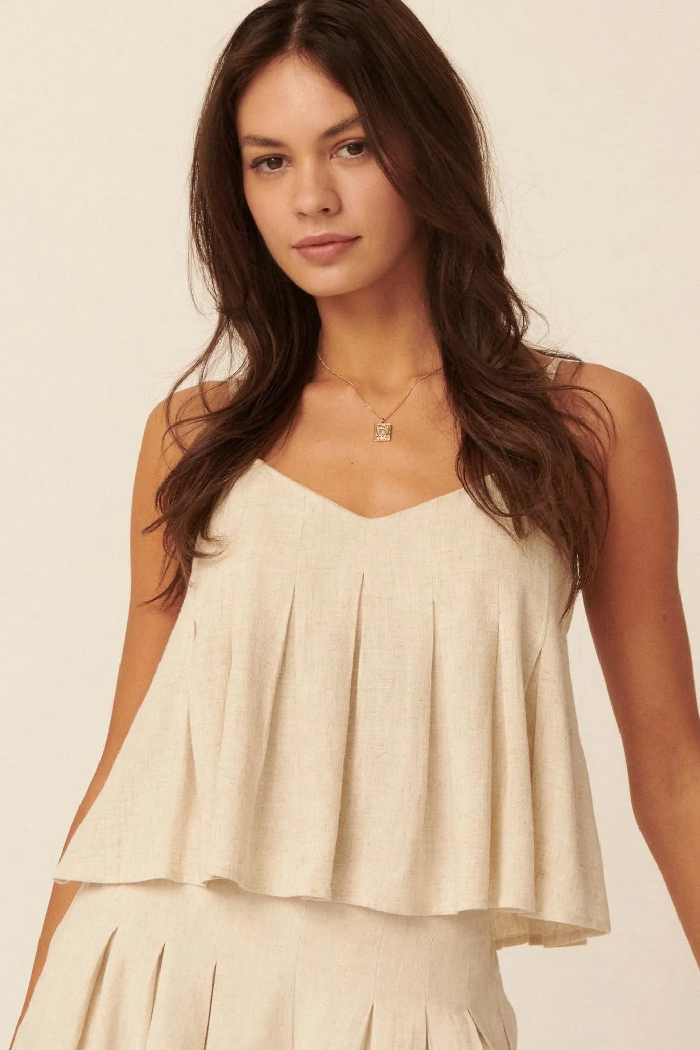 Wind Tossed Pleated Linen-Blend Cami Top