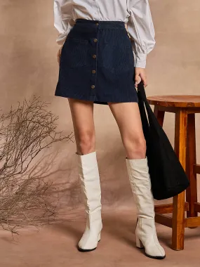 Women Navy Blue Front Button Mini Skirt