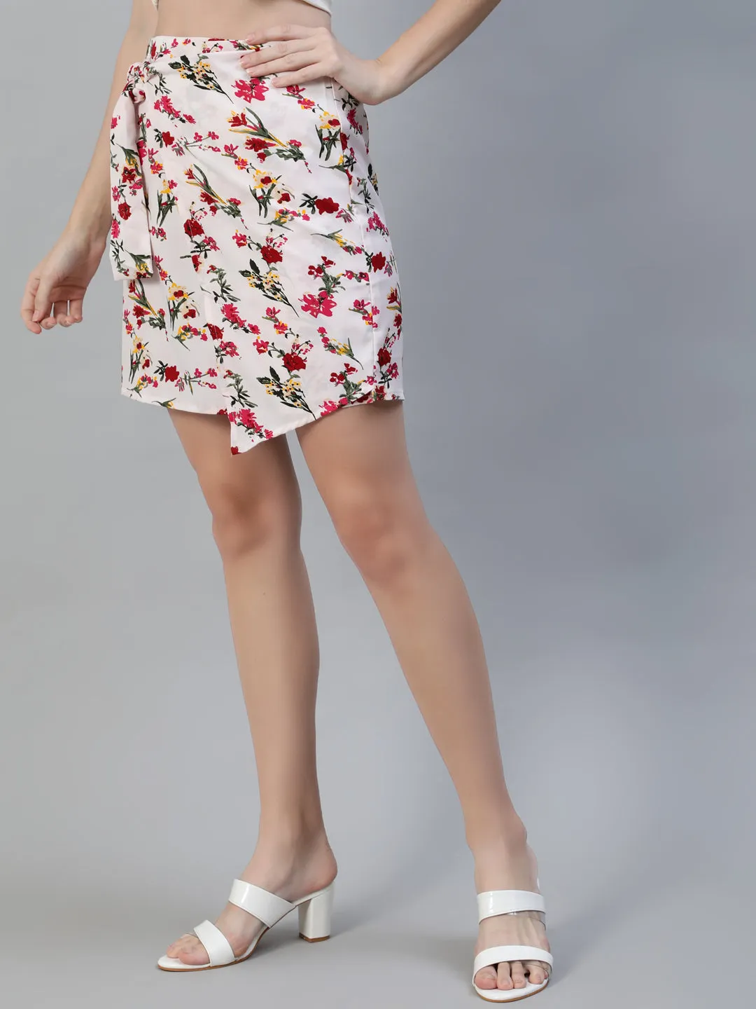 Women Off White Floral Printed Mini Skirt