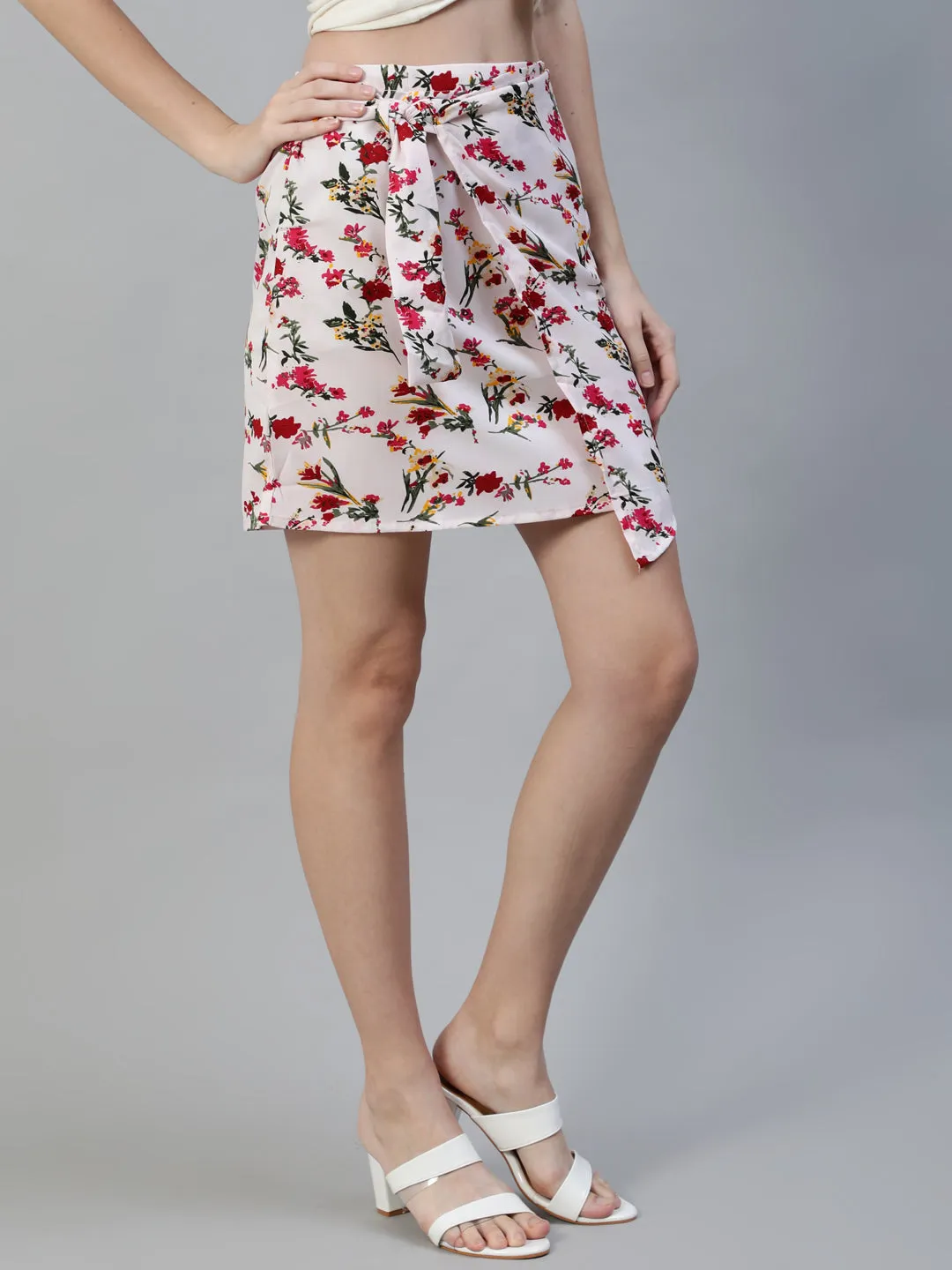 Women Off White Floral Printed Mini Skirt