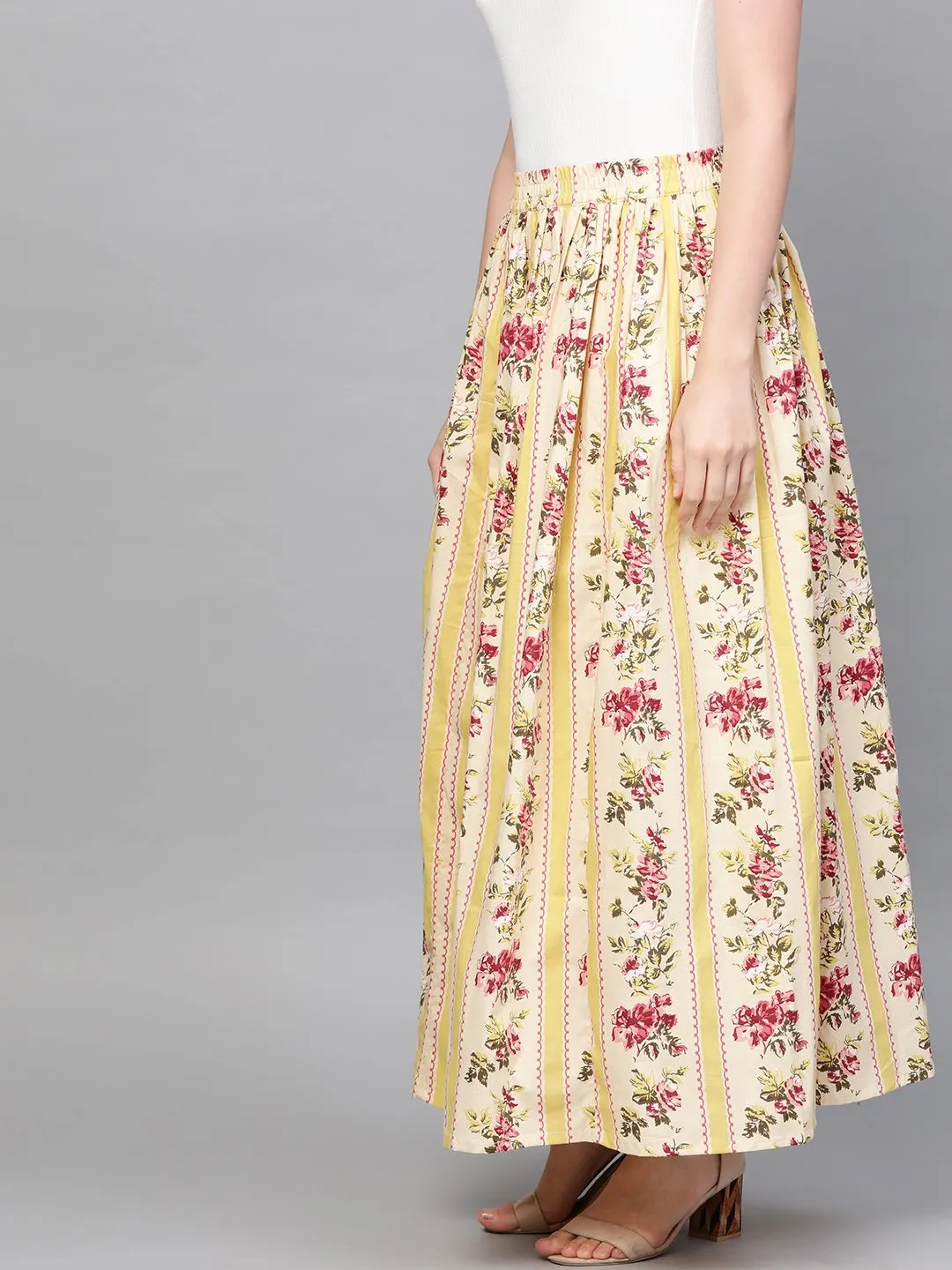 Women Yellow & Pink Floral Printed Flared Skirt