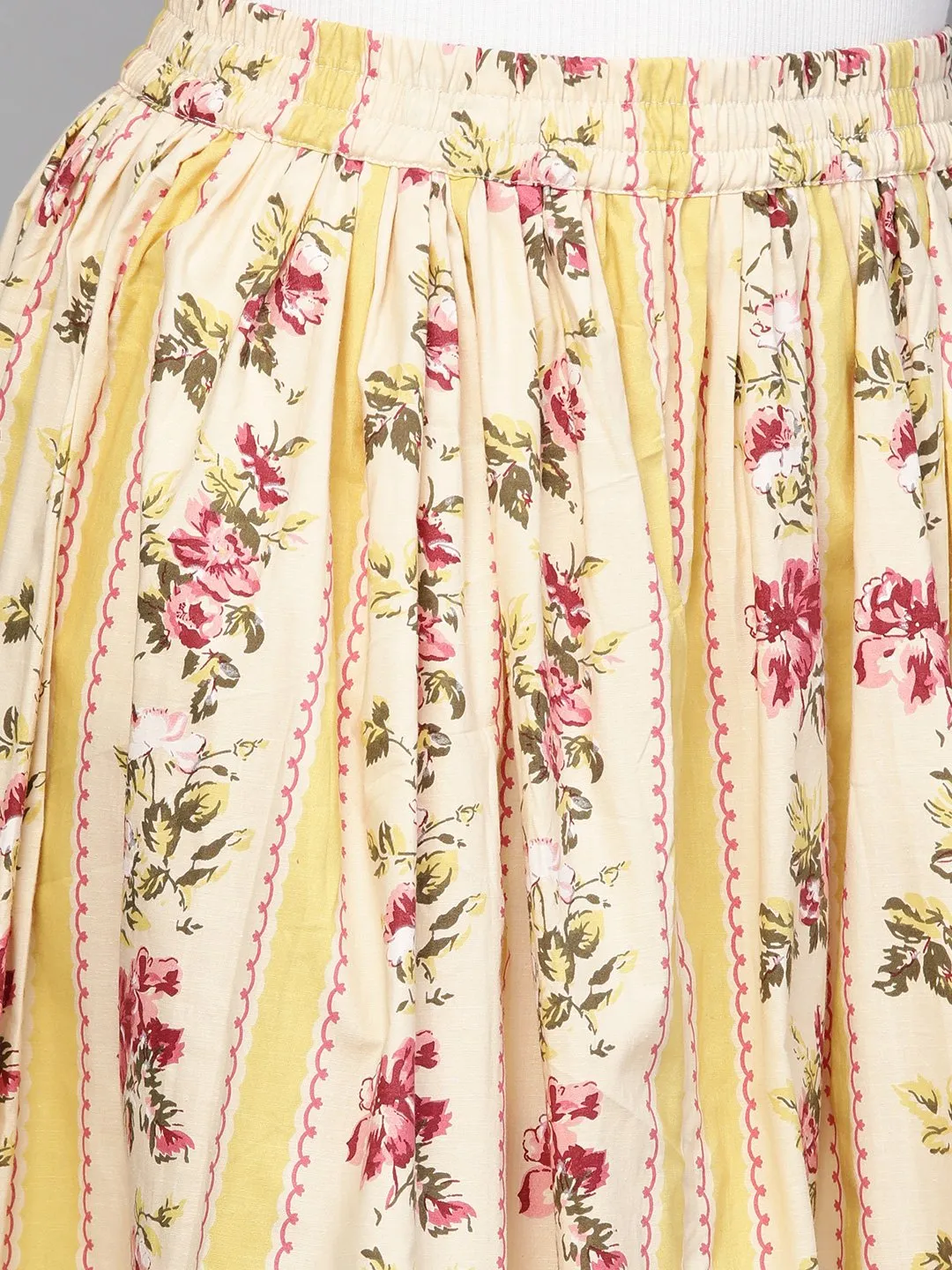 Women Yellow & Pink Floral Printed Flared Skirt