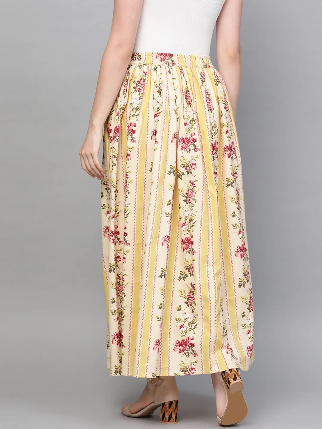 Women Yellow & Pink Floral Printed Flared Skirt