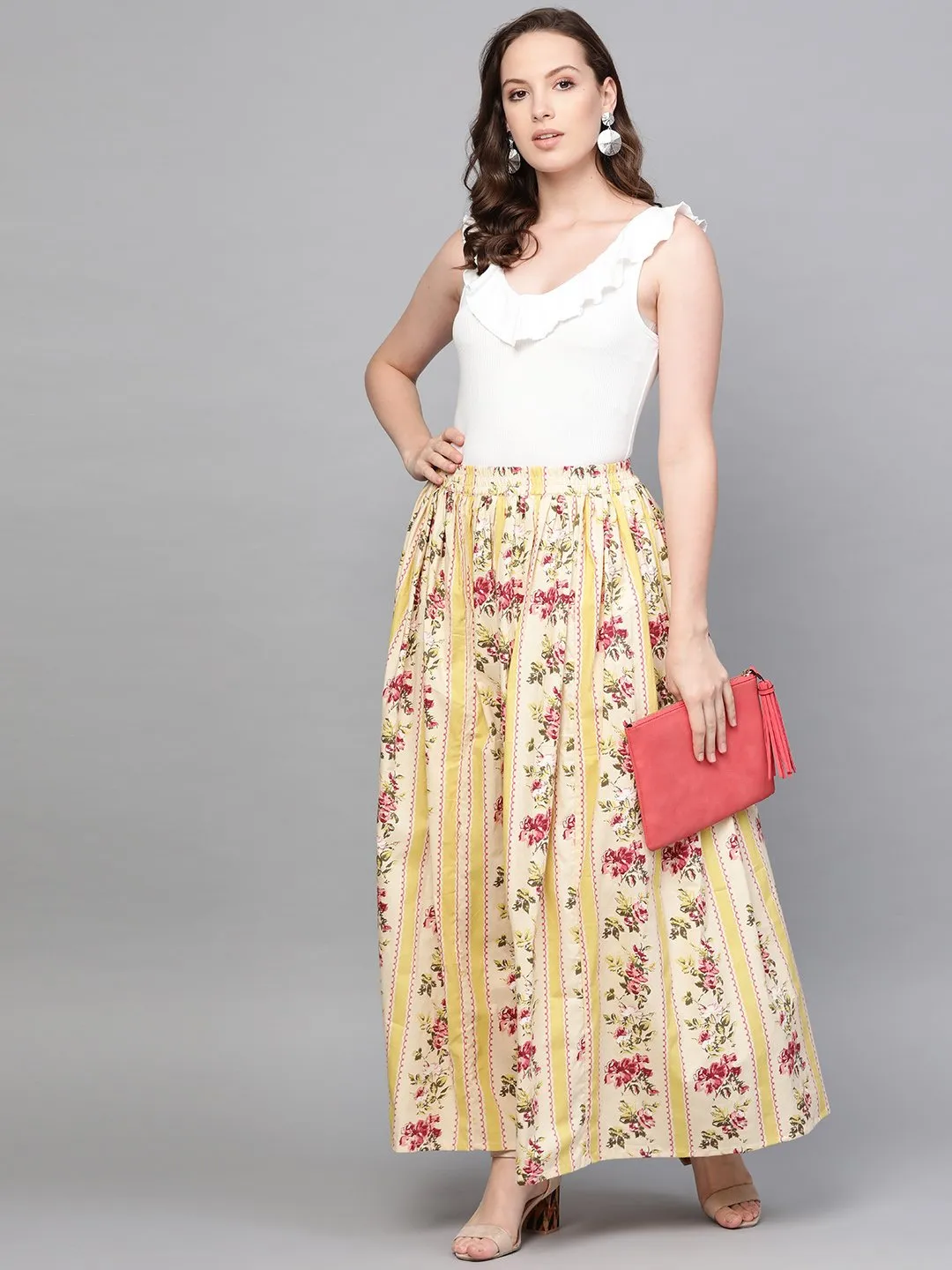 Women Yellow & Pink Floral Printed Flared Skirt