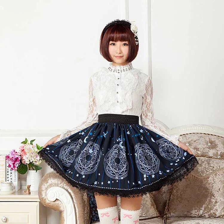 Women's Cute Circle Skirt Deep Blue Star and Moon Printed Short Mori Girl Skirt with Lace Trimming