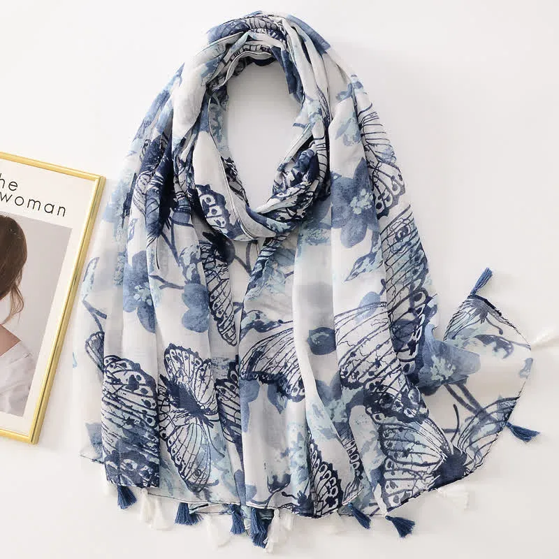 Women's Thin Lovely Butterfly Floral Tassel Scarf