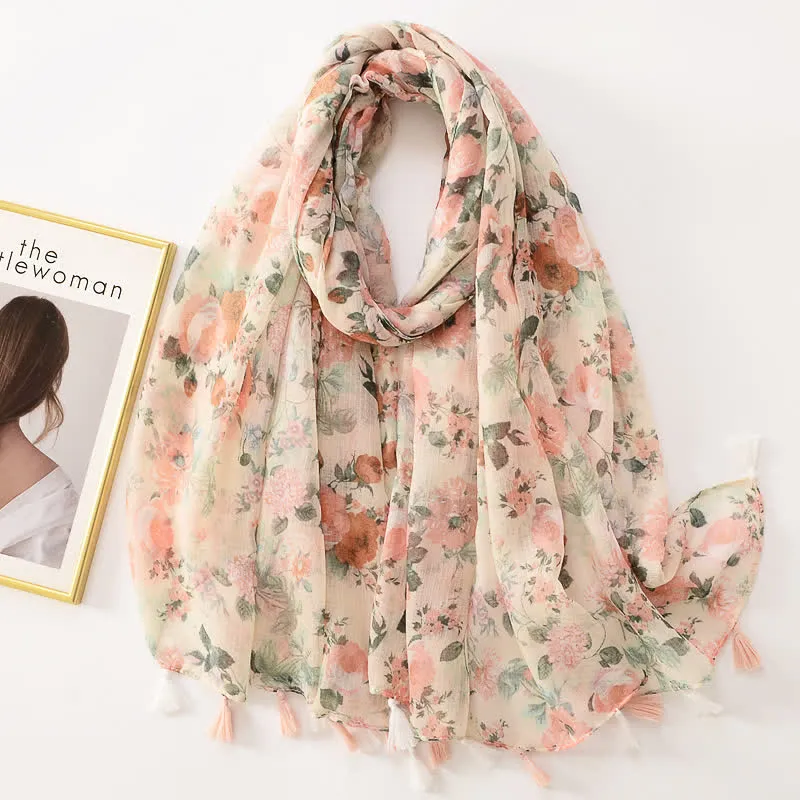 Women's Thin Lovely Butterfly Floral Tassel Scarf