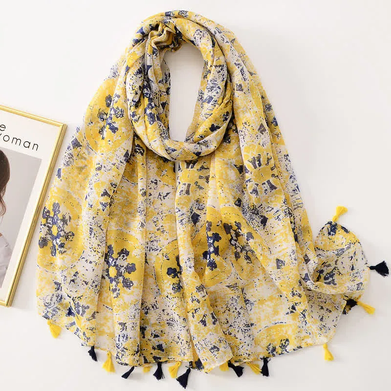 Women's Thin Lovely Butterfly Floral Tassel Scarf