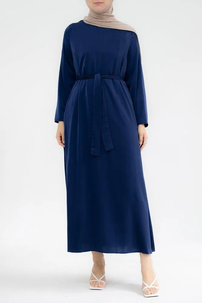 Yasmin Slip dress maxi length with a detachable belt and kimono sleeves in Navy