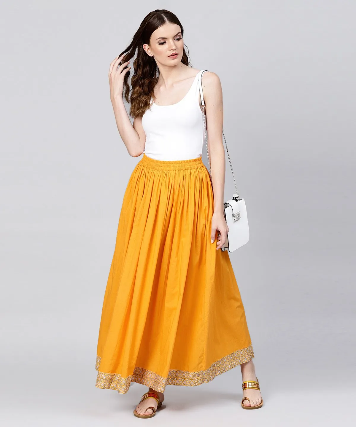 Yellow Ankle Length Cotton Flared Skirt