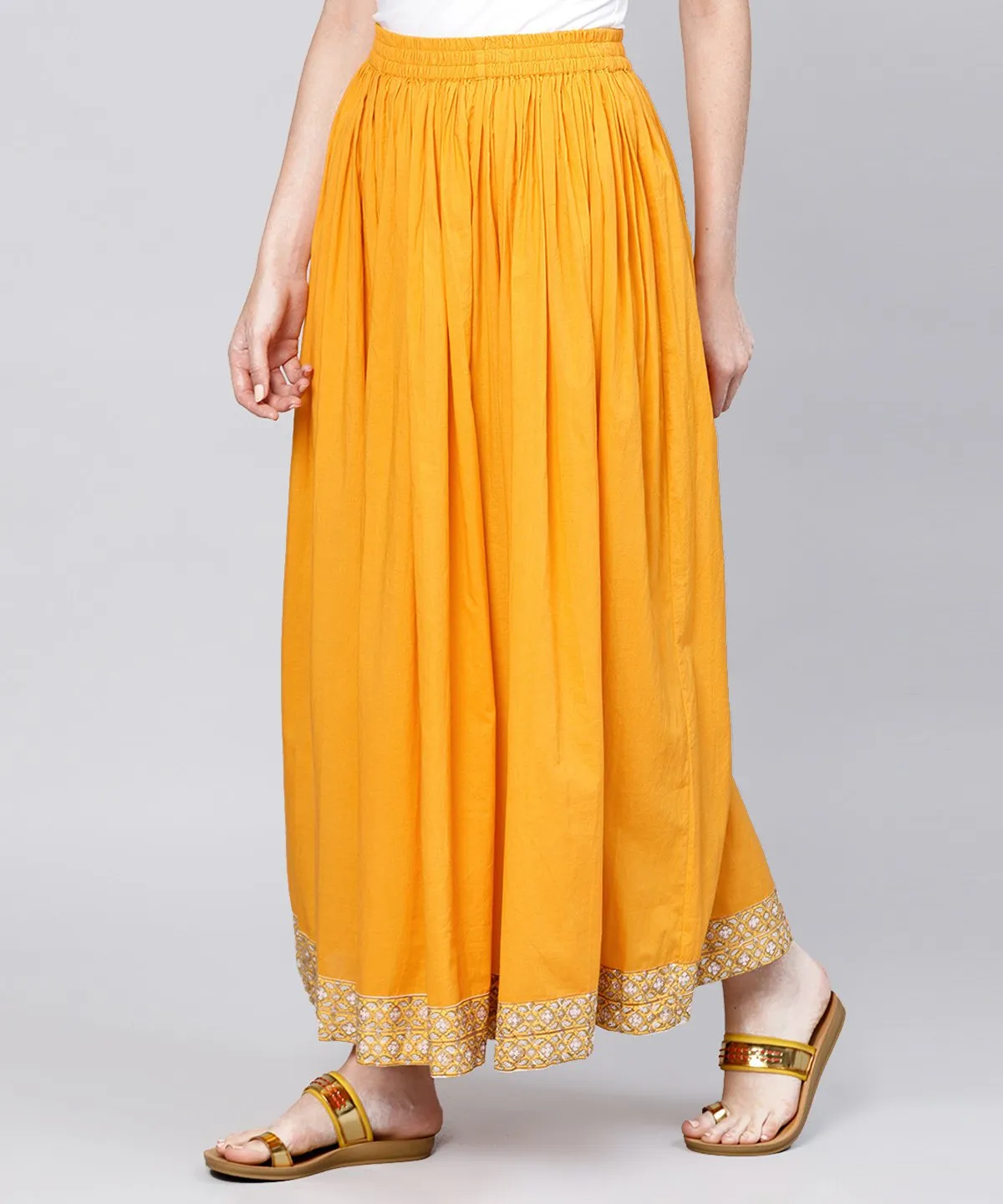 Yellow Ankle Length Cotton Flared Skirt