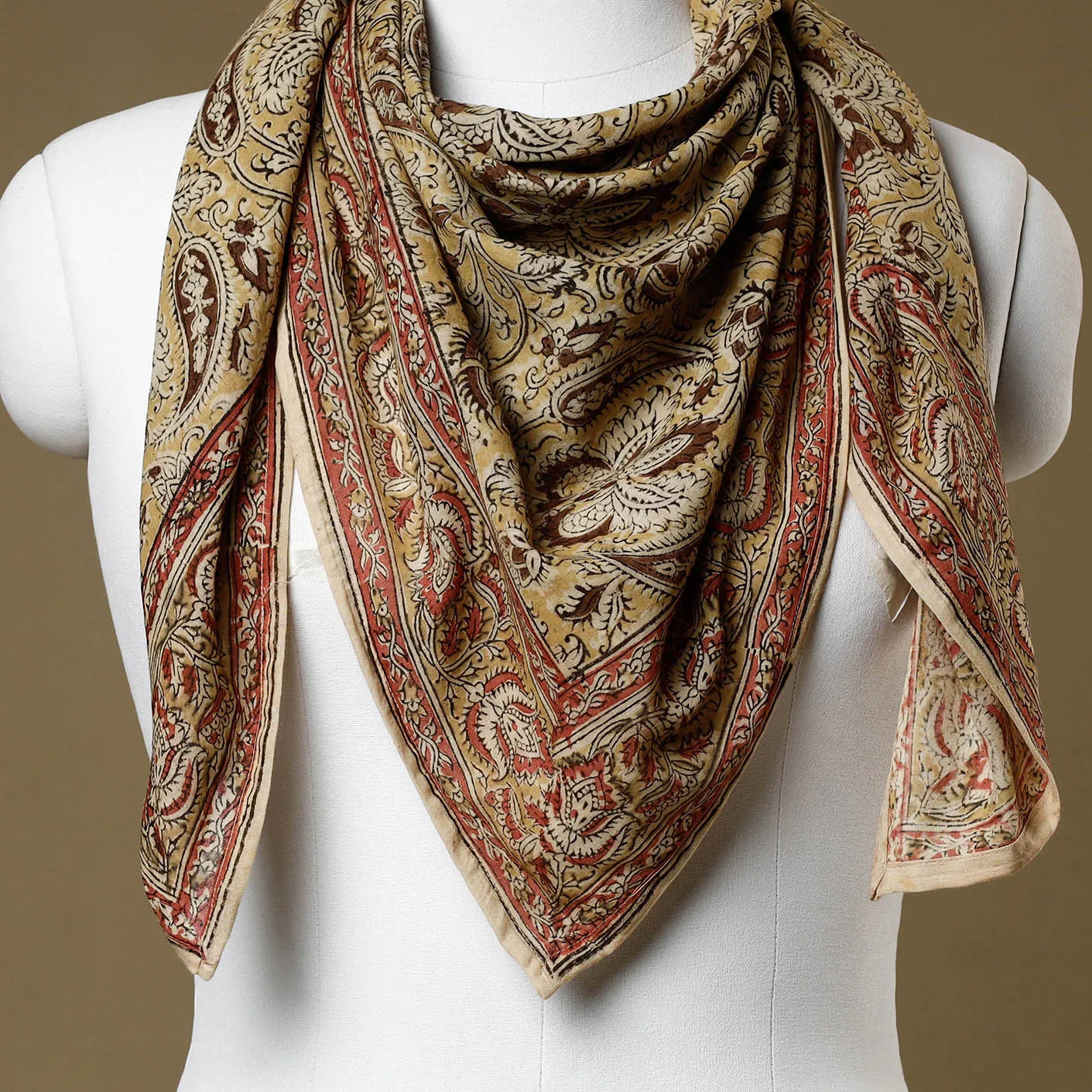 Yellow - Original Pedana Kalamkari Block Printed Cotton Scarf