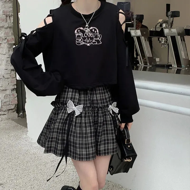 YESMYTOOL  -   Kawaii Gothic Lolita Plaid Skirt Women Goth Bow Black High Waist A-line Mini Skirts Japanese Style Harajuku Soft Girl