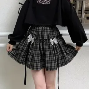 YESMYTOOL  -   Kawaii Gothic Lolita Plaid Skirt Women Goth Bow Black High Waist A-line Mini Skirts Japanese Style Harajuku Soft Girl