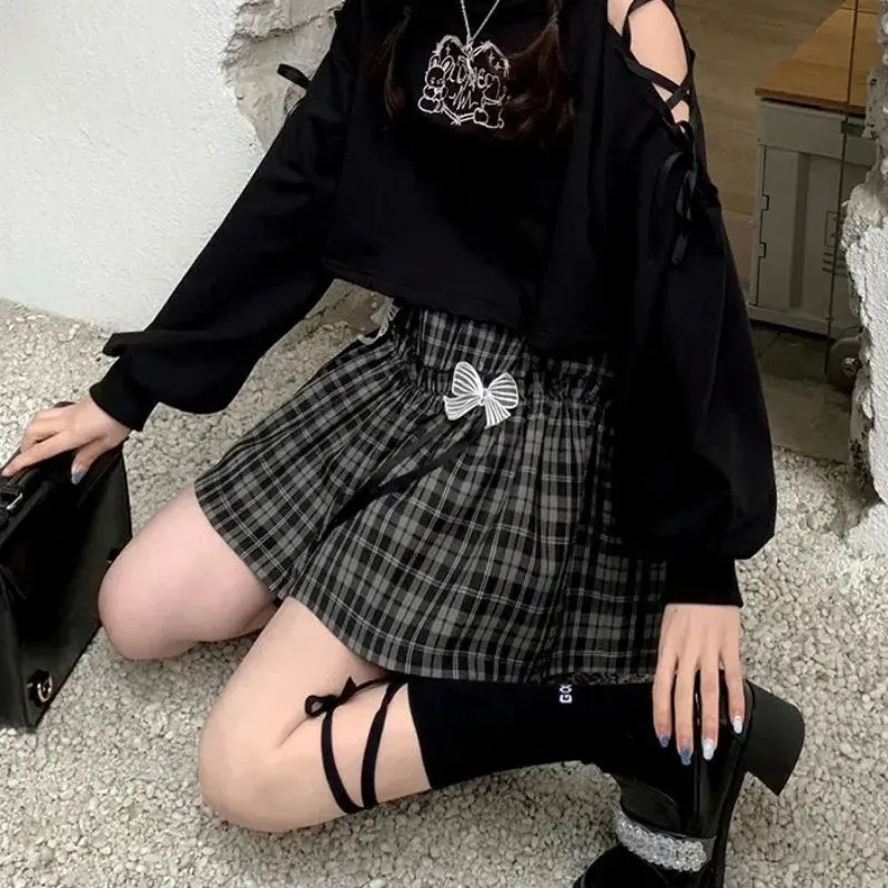 YESMYTOOL  -   Kawaii Gothic Lolita Plaid Skirt Women Goth Bow Black High Waist A-line Mini Skirts Japanese Style Harajuku Soft Girl