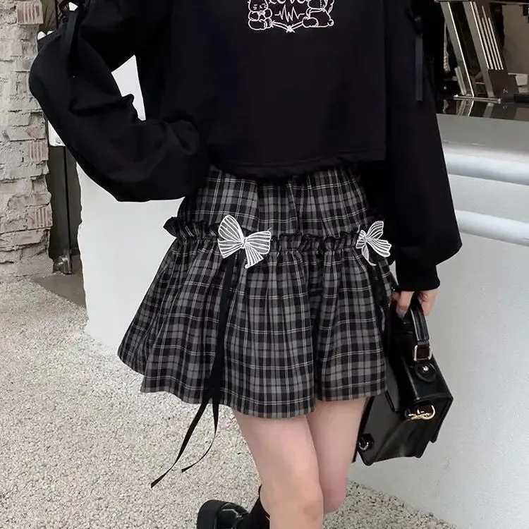 YESMYTOOL  -   Kawaii Gothic Lolita Plaid Skirt Women Goth Bow Black High Waist A-line Mini Skirts Japanese Style Harajuku Soft Girl