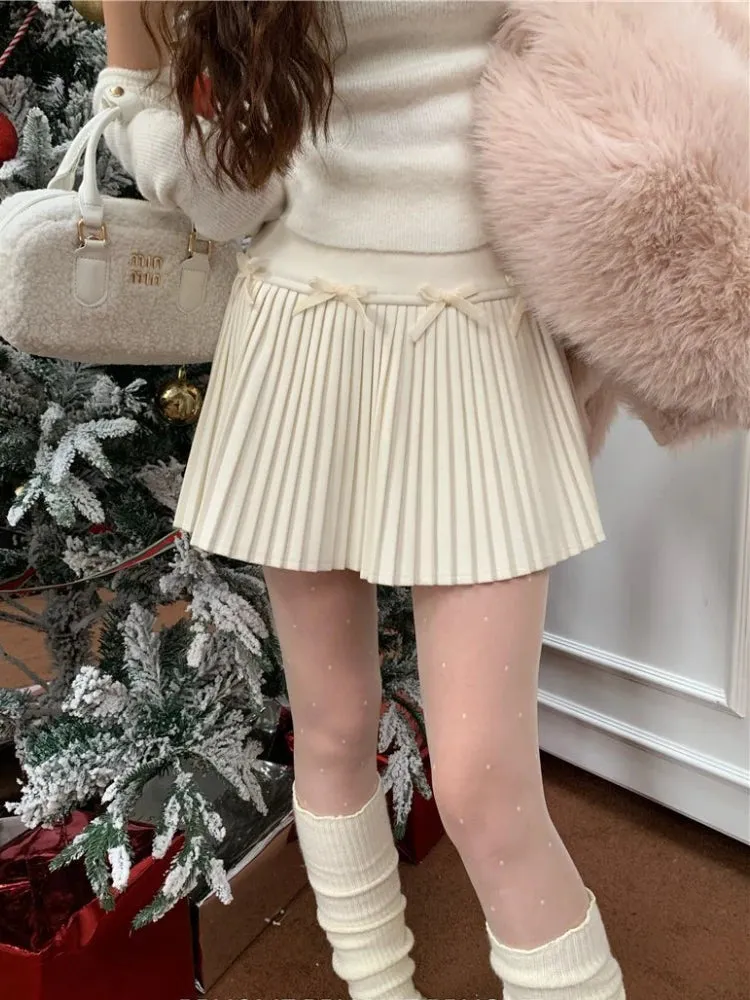 YESMYTOOL  -   Winter Pleated Skirt Women Korean High Quality Cute Sexy High Waist A-line Bow Woolen Super Mini Skirt Vintage School