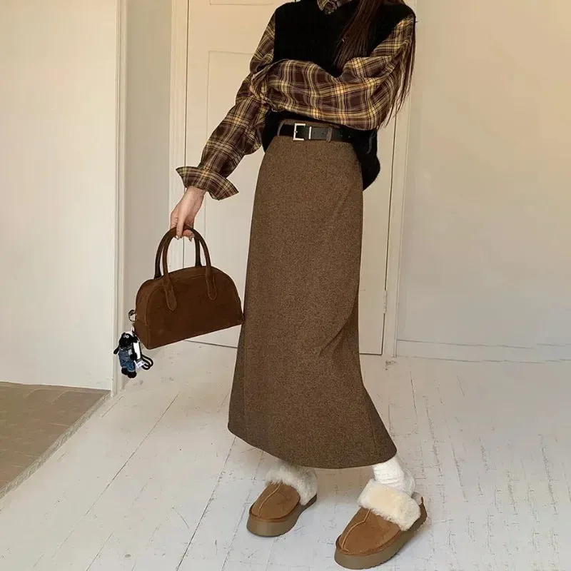 YESMYTOOL  -   Woolen Long Skirt Women Korean Style High Waist Straight Office Lady Elegant Vintage Warm Midi Skirt with Slit Winter