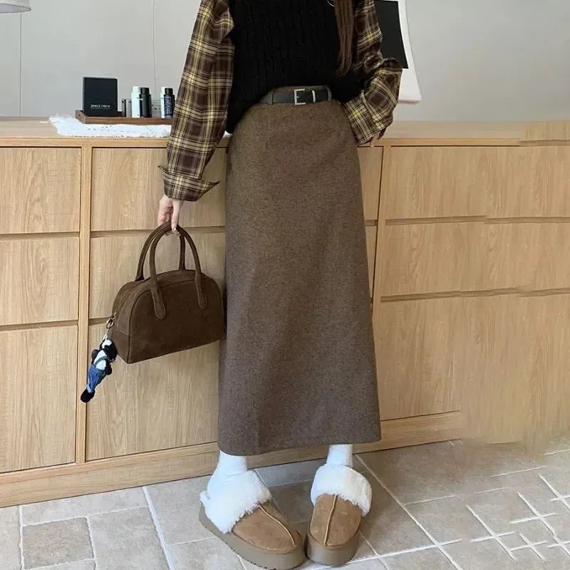 YESMYTOOL  -   Woolen Long Skirt Women Korean Style High Waist Straight Office Lady Elegant Vintage Warm Midi Skirt with Slit Winter